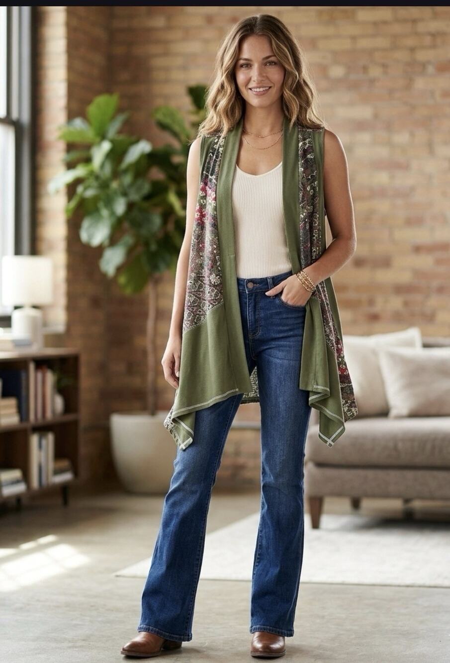 MULTIPLES Olive Green Open Front Cardigan Lace Back Knit Top S Boho Cottagecore